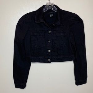 FOREVER 21 Jean Jacket Black Cropped Puff Sleeves Button Front Trendy Small